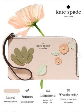 NWT Kate Spade Lucy Floral Medium L-Zip Wristlet Peach- Fits iPhone Dainty